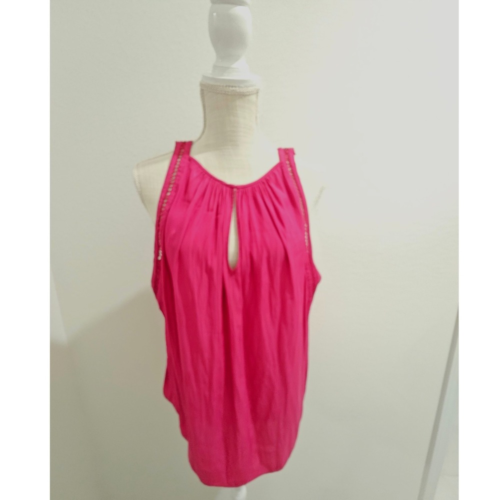 Ramy Brook New York Fuchsia Pink Lace Trim Keyhole Sleeveless Top Blouse Large